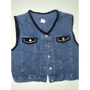 Roper Women Jean Shirt Blue Denim Button Black Velour Trim  Front Sleeveless L